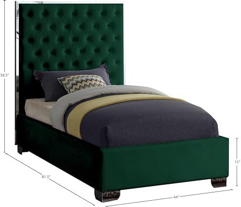 Meridian Furniture Lexi Collection Modern | Contemporary Velvet Upholstered Bed with Deep Tufting, Polished Chrome Stainless Steel Frame and Legs, Twin, Green