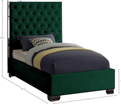 Meridian Furniture Lexi Collection Modern | Contemporary Velvet Upholstered Bed with Deep Tufting, Polished Chrome Stainless Steel Frame and Legs, Twin, Green