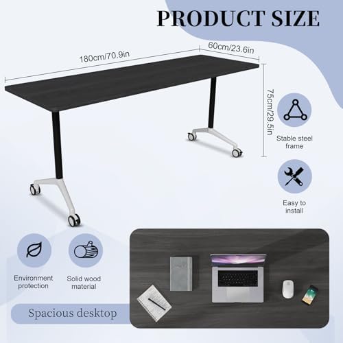Conference Table, Folding Conference Room Tables on Wheels, Modern Meeting Seminar Table Computer Desk, Boardroom Desk for Office Meeting Conference Room,White,6 Pack 70.8inch