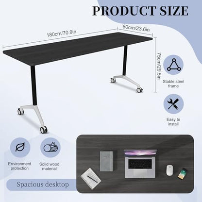 Conference Table, Folding Conference Room Tables on Wheels, Modern Meeting Seminar Table Computer Desk, Boardroom Desk for Office Meeting Conference Room,White,6 Pack 70.8inch