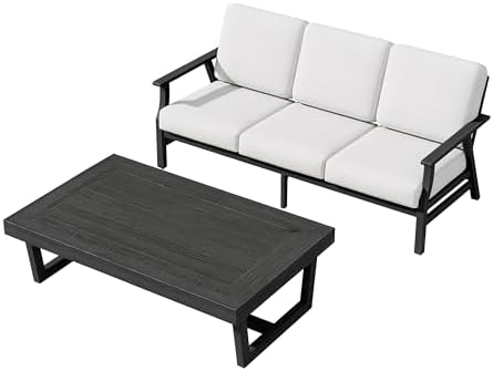 Pia Ricoo Outdoor Premium Teak Wood Couch with Armrests & Table, All‑Weather Outdoor Furniture for Backyard, Deck, Lawn, Beige/Dark