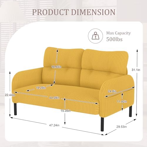 47" Modern Loveseat Couch Sofa, Corduroy Fabric Armchair Upholstered 2-Seat Loveseat Sofa for Small Space, Living Room, Bedroom, Apartment, Yellow