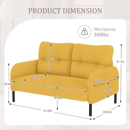 47" Modern Loveseat Couch Sofa, Corduroy Fabric Armchair Upholstered 2-Seat Loveseat Sofa for Small Space, Living Room, Bedroom, Apartment, Yellow