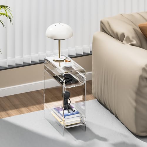 Clear Acrylic Side Table, Narrow Nightstand Bedside Table for Bedroom, Skinny Small End Table (Clear, 8.7'' x 15.7'' x 21.7")