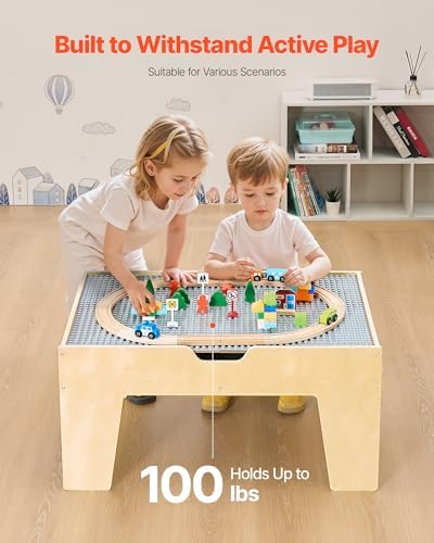 VEVOR Multi-Purpose Activity Play Table, 290 Building Bricks and 30-Piece Wooden Train Set Railway, Vehicles, Tracks and Accessories, Wooden Kids Activity Table with Storage Area for Kids Ages 3+