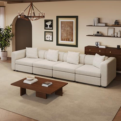 Miuuod 4 Seaters Oversized Sectional Sofa for Living Room,4 Seats for Small Space,Broad Seater & Convertible Couche Lisure Cozy Velvet Seats,Sleeper Sectional Sofa Beige