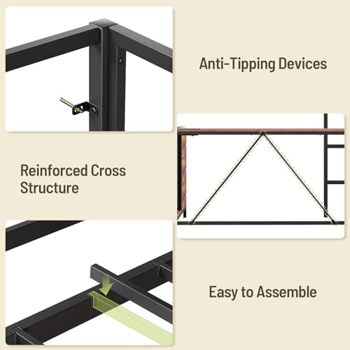 Twin Size Loft Bed with L-Shaped Desk, 3 Storage Drawers, Charging Station, Metal Kids Loft Bed Frame with LED Light & Ladder, Open Storage Shelves, No Box Spring Needed, Rustic Brown & Black