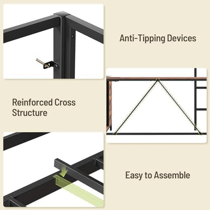 Twin Size Loft Bed with L-Shaped Desk, 3 Storage Drawers, Charging Station, Metal Kids Loft Bed Frame with LED Light & Ladder, Open Storage Shelves, No Box Spring Needed, Rustic Brown & Black