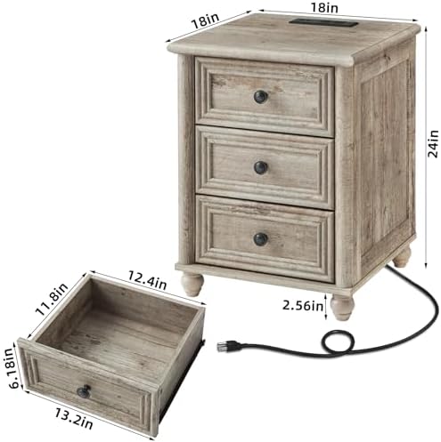 RWYHG 18" Night Stand with Charger Station, Nightstand with 3 Drawers