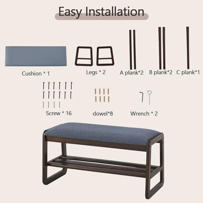 Shoe Rack Bench, 2 Tier Solid Wooden Entryway Bench(Grayish Blue, 31.5")