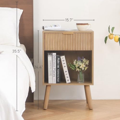 Fluted Night Stand, Modern Bedside Table with Drawer and Open Shelf
