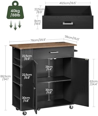 Kitchen Island Cart with Storage, Bar Cart with Charging Station, Kitchen Island on Wheels, Rolling Mobile Table with Cabinet, 3 AC Outlets, Black and Walnut MZD04UBL