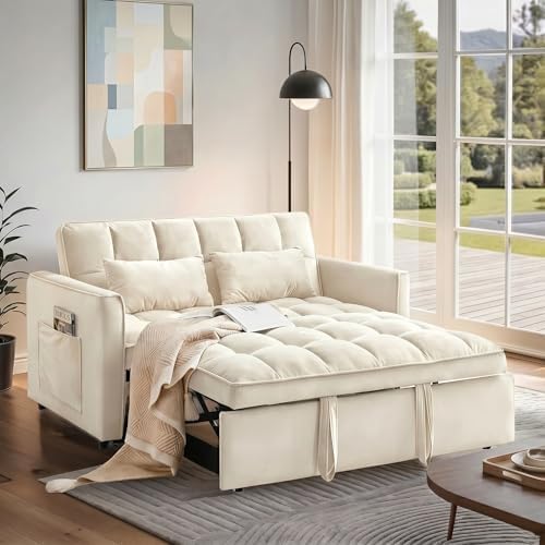 3 in 1 Convertible Sofa Bed, Loveseat Sleeper Sofa with Large Side Pockets, Pull Out Couch with Adjustable Backrest, Easy Assembly, Velvet Couch Bed for Small Spaces, Apartment, White