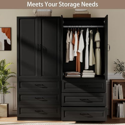 Black Armoire Wardrobe Closet with 6 Drawers, 75" Tall x 63" Wide