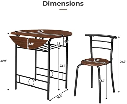 VINGLI 31.5" Drop Leaf Dining Table Set for 2, 3 Pieces Dining Table with Chair for Small Space, Small Kitchen Extendable Folding Dining Table for Dining Room，Home, Apartment, Saving Places, Walnut