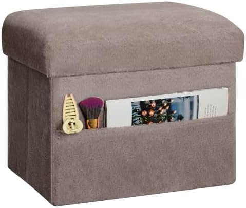 Small Ottoman with Storage, Fur Ottoman Foot Rest with Side Pocket, Gray