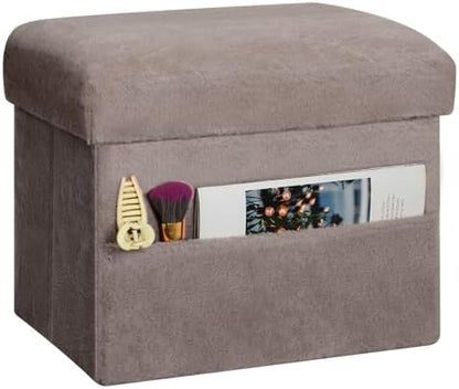 Small Ottoman with Storage, Fur Ottoman Foot Rest with Side Pocket, Gray