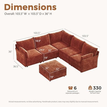 ABCASA 103.5" Oversized Modular Sectional Sofa, L Shaped Convertible Couch with Movable Ottoman, Large 6 Seat Corner Couches for Living Room Deep Seat- Terracotta Orange Chenille