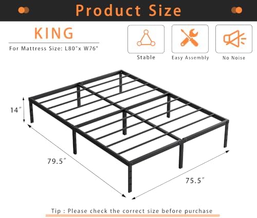 King Size Metal Platform Bed Frame 14 Inch Tall, No Box Spring Needed, Heavy Duty Sturdy Support, Underbed Storage Space, Easy Assembly, Black