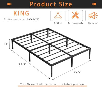 King Size Metal Platform Bed Frame 14 Inch Tall, No Box Spring Needed, Heavy Duty Sturdy Support, Underbed Storage Space, Easy Assembly, Black