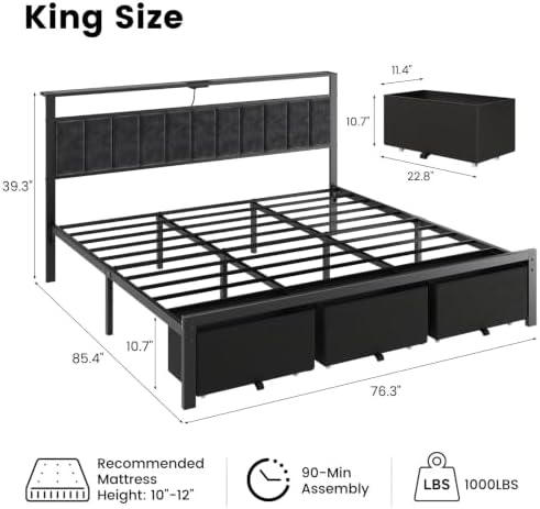 King Size Bed Frame with Upholstered Headboard and 3 Storage Drawers