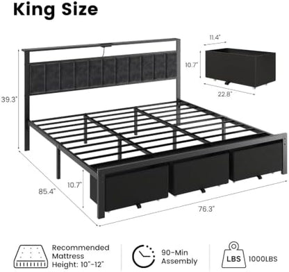 King Size Bed Frame with Upholstered Headboard and 3 Storage Drawers