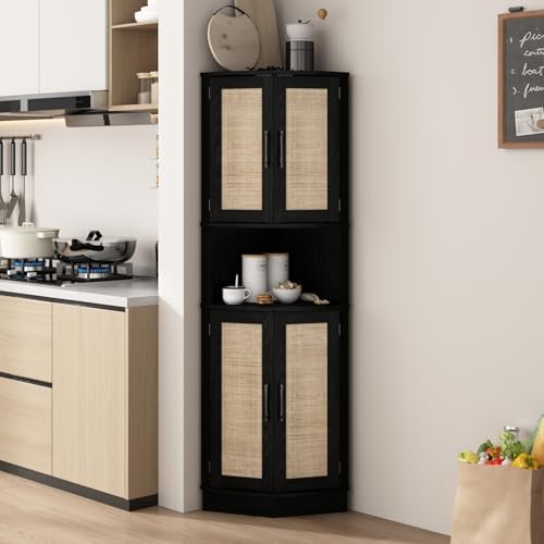 Tall Corner Cabinet, 64.7" Rattan Corner Storage Cabinet, 4 Doors