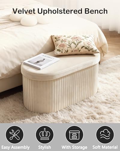 GLAXYFUR Folding Ottoman with Storage, Oval Velvet Storage Bench, Beige