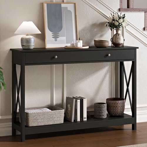 Treocho 47" Farmhouse Console Table with Drawer and Storage Shelves, Foyer Sofa Table Narrow for Entryway, Living Room, Hallway, Black