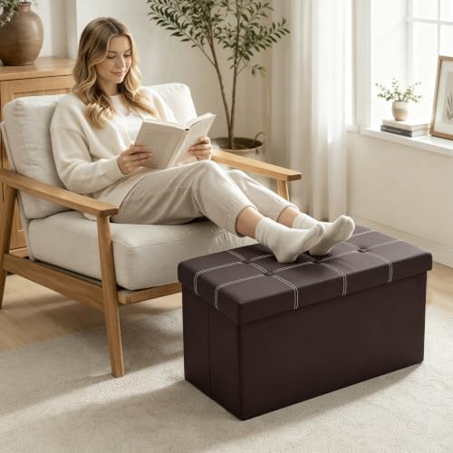 30 Inches Folding Storage Ottoman Bench, Faux Leather Footstool Ottoman, Storage Trunk Footrest for Bedroom, Living Room and Hallway, Support 350lbs, Brown (White line)