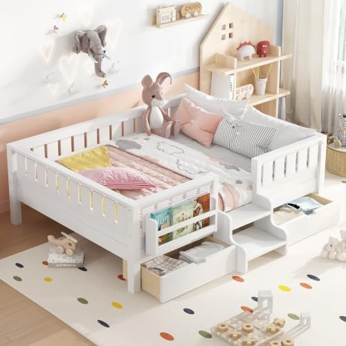 Bellemave Full Size Bed Frame with Storage Drawers & Bookshelf, Low Profile Kids Bed with Staircase & Full Length Guardrails, Solid Wood Full Size Bed Frame Kids with Slats Load 450 LBS, White
