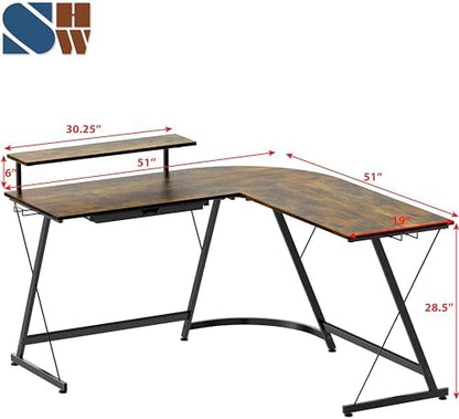 SHW 51 x 51 L-Shaped Corner Desk w/Monitor Stand and Drawer, Rustic Brown