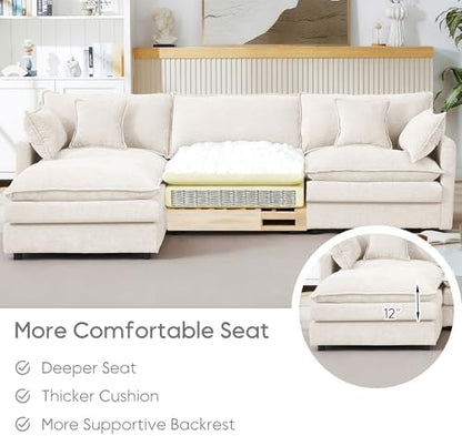 ZEIINPA L Shaped Modular Sectional Sofa, 102" Comfy Upholstery Chenille Deep Seat Cloud Couch with Ottoman, Modern 4-Seat Couches for Living Room, Bedroom, Apartment, Beige White