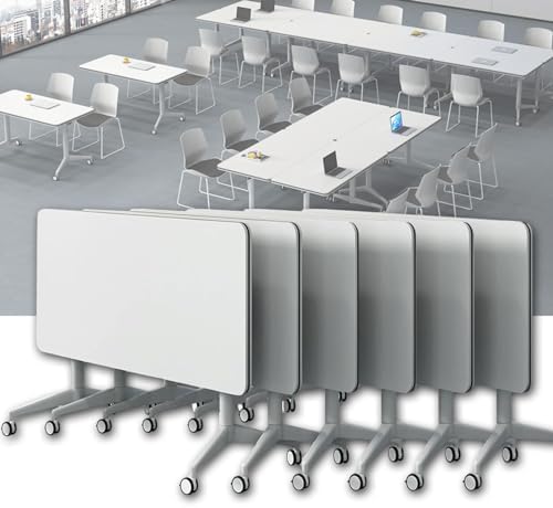 Conference Table, Folding Conference Room Tables on Wheels, Modern Meeting Seminar Table Computer Desk, Boardroom Desk for Office Meeting Conference Room,White,6 Pack 47.2inch