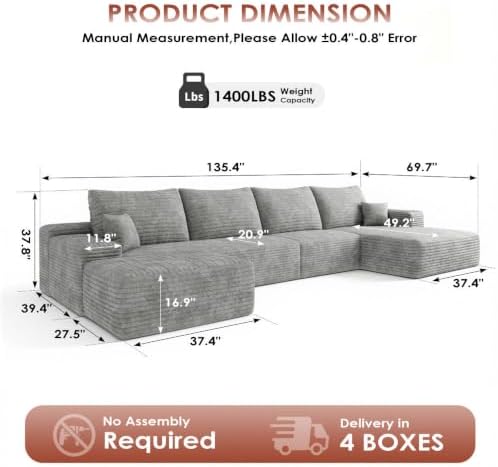 Boneless Couch, Sectional Cloud Couch Sofa for Living Room