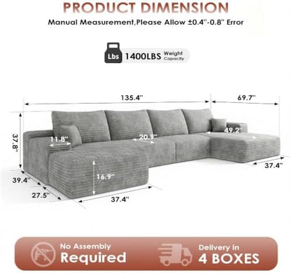 Boneless Couch, Sectional Cloud Couch Sofa for Living Room