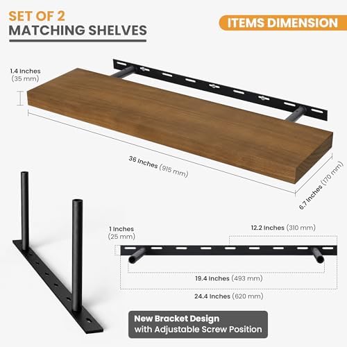 Wood Floating Shelves Set of 2, Rustic Pine Wood Floating Shelves for Wall Mounting, Wide Wall Shelf for Home Decor and Storage, 36" W x 7" D, Light Walnut