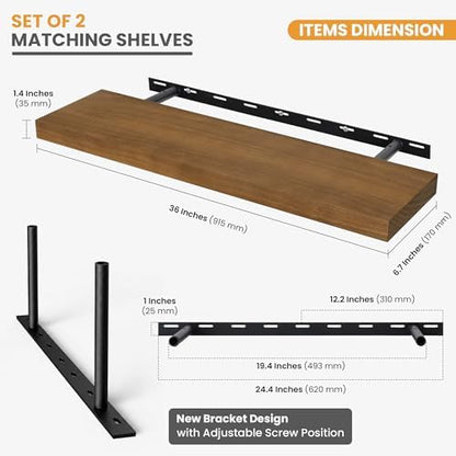 Wood Floating Shelves Set of 2, Rustic Pine Wood Floating Shelves for Wall Mounting, Wide Wall Shelf for Home Decor and Storage, 36" W x 7" D, Light Walnut