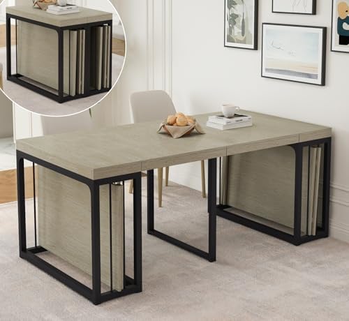 23.62" - 118" L Extendable Foldable Dining Room Table for 2-10 People, Wood Modern Rustic Rectangle Expandable Kitchen Living Meeting Room Furniture, 5 Tabletop Length Options