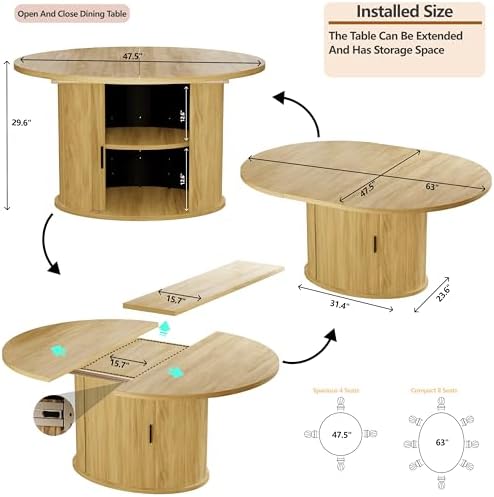 Dining Table for 4-6, 63“Extendable Round Dining Room Kitchen Table with 2-Tier Storage Shelf, Fluted Wood Table with Slide Door, Expandable Wood Oval Dinner Furniture with Pedestal Base (Oak)