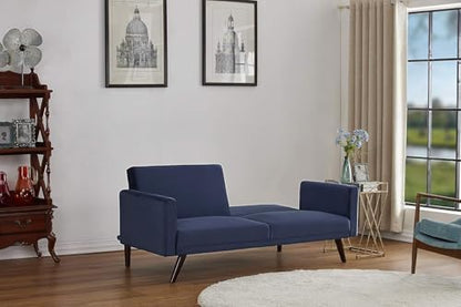 Container Furniture Direct 72 Inch Retro Convertible Futon Sofa Bed with Velvet Upholstery, Mid Century Modern 2-in-1 Sleeper Couch with Reclining Backrest, Solid Wood Frame, Dark Blue