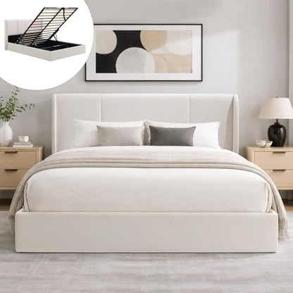 VELOCAVA Full Lift Up Storage Bed Frame, Velvet-Look Upholstered Bed with Modern Wingback Headboard, Gas Lift Mechanism, Space Saving Design, No Box Spring Needed, White