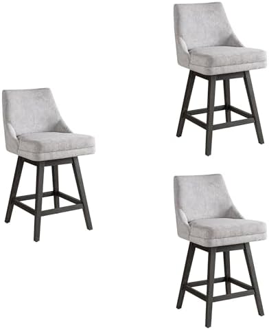 Armen Living Branson Gray Solid Wood Upholstered 26" Counter Height Swivel Barstool with Gray Fabric Seat - Set of 3