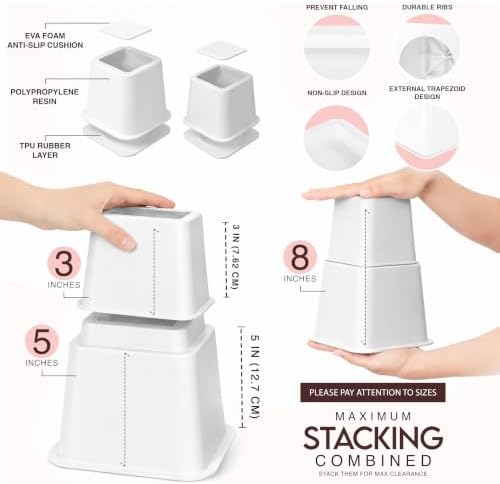 Utopia Bedding Heavy Duty Bed Risers, 3, 5, 8 Inch, Pack of 4, White