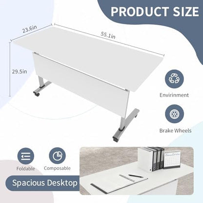 Folding Conference Room Tables, Modular Seminar Conference Table Modern Flip Top Training Meeting Tables, Conference Room Table with Wheels for Home Office Classr, 2 Pack 55.1inch