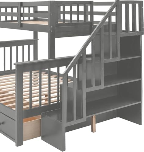 MERITLINE Twin Over Full Convertible Bunk Bed with Storage Stairs and Drawers,Solid Wood Detachable Bunk Bed with Storage Shelves for Adults,No Box Spring Needed (Grey)