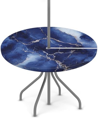 Marble Outdoor Round Fitted Tablecloth with Umbrella Hole Zipper 36-44