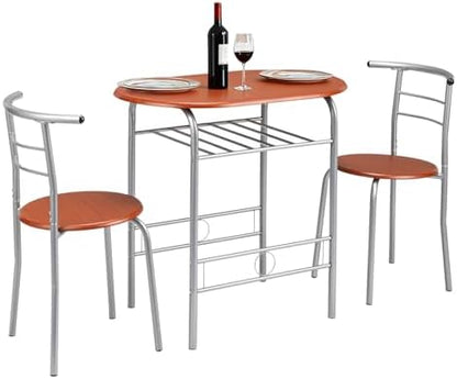 VINGLI 3 Piece Dining Set, Small Kitchen Table Set for 2, Breakfast Table Set, Kitchen Wooden Table with 2 Chairs for Small Space/Dining Room/Apartment, Metal Frame, Wine Rack, Russet