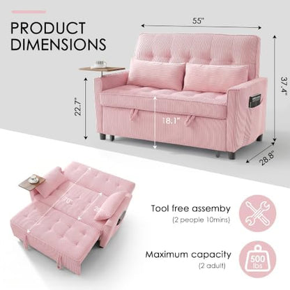 55'' Sleeper Sofa Bed, Convertible Pull Out Couch(Pink)