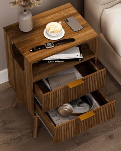 Leomonio Fluted Nightstand, Modern Night Stand with 2 Drawer and Open Shelf